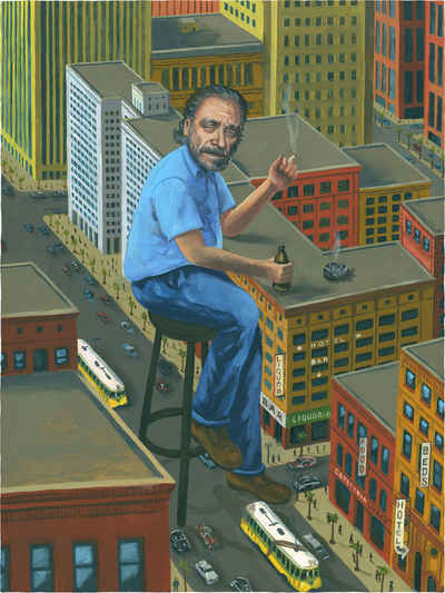 Portrait painting of charles bukowski with him sitting on an urban landscape while having a drink and a cigarette.