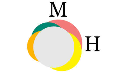 graphics for Material Hunter, branded with the letters M and H, and multicolored circles