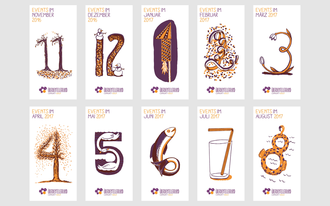 Overview of flyers of showing the different motifs illustrating each month